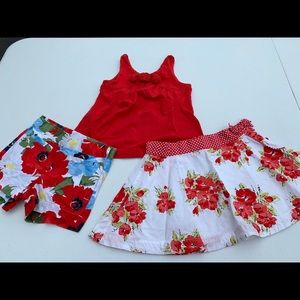 Janie and Jack red tank, floral shorts and skirt